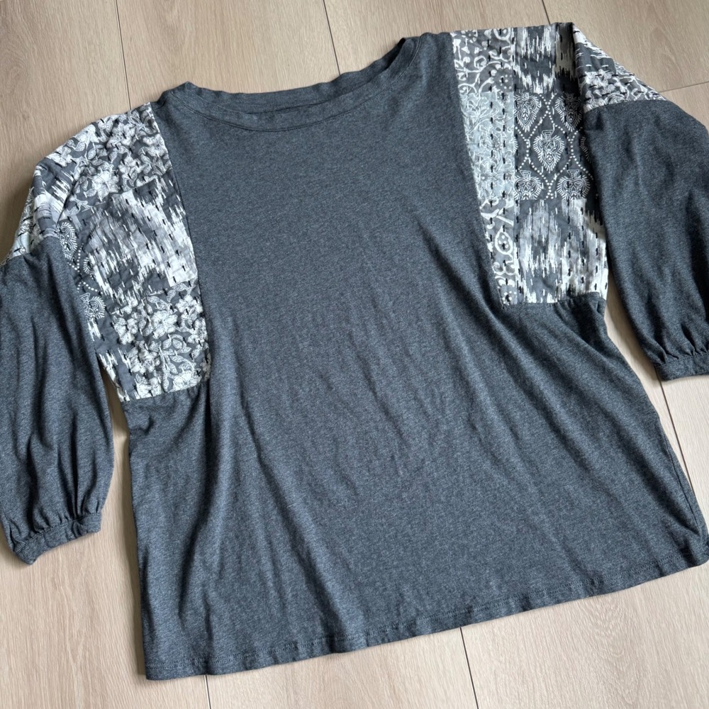 Pure Jill Elements Embroidered Mixed-Media Top‎ Gray Blouse Size S
